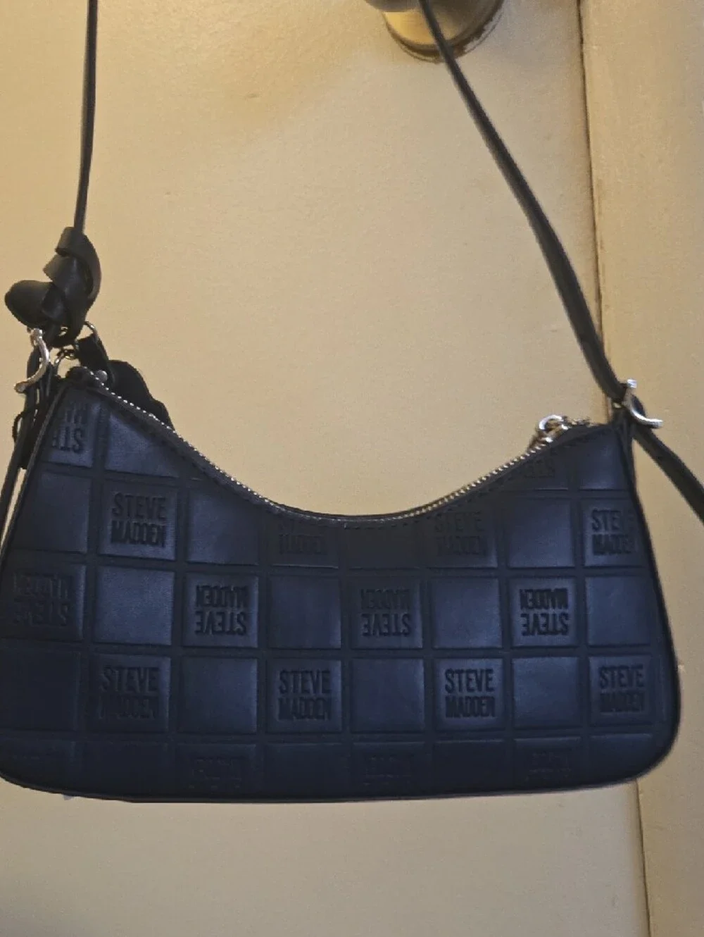 Steve Madden Black Quilted Logo Shoulder Bag with Charm.